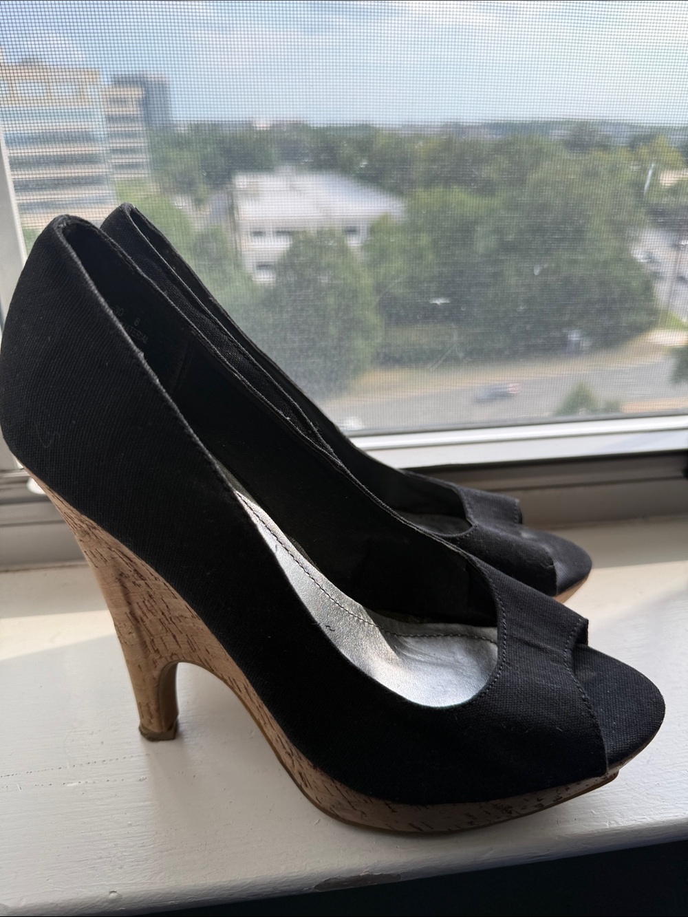 BAMBOO Black Peep-Toe Cork Platform Heels
